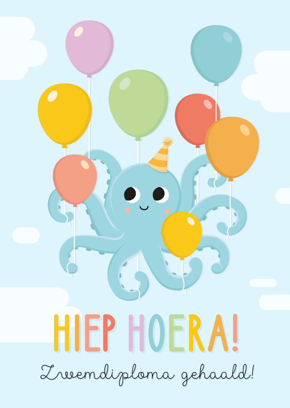 Geslaagd kaarten - Felicitatiekaart zwemdiploma met octopus met ballonnen
