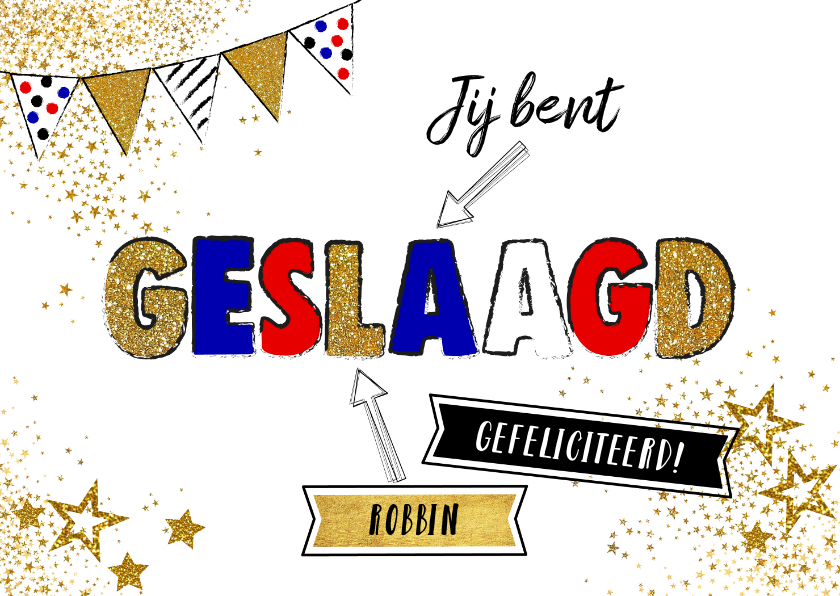 Geslaagd kaarten - Geslaagd! Hippe felicitatie kaart slingers en sterren