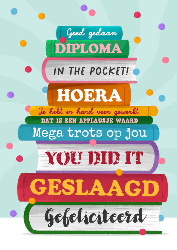 Geslaagd kaarten - Geslaagd kaart gefeliciteerd school boeken confetti tekst