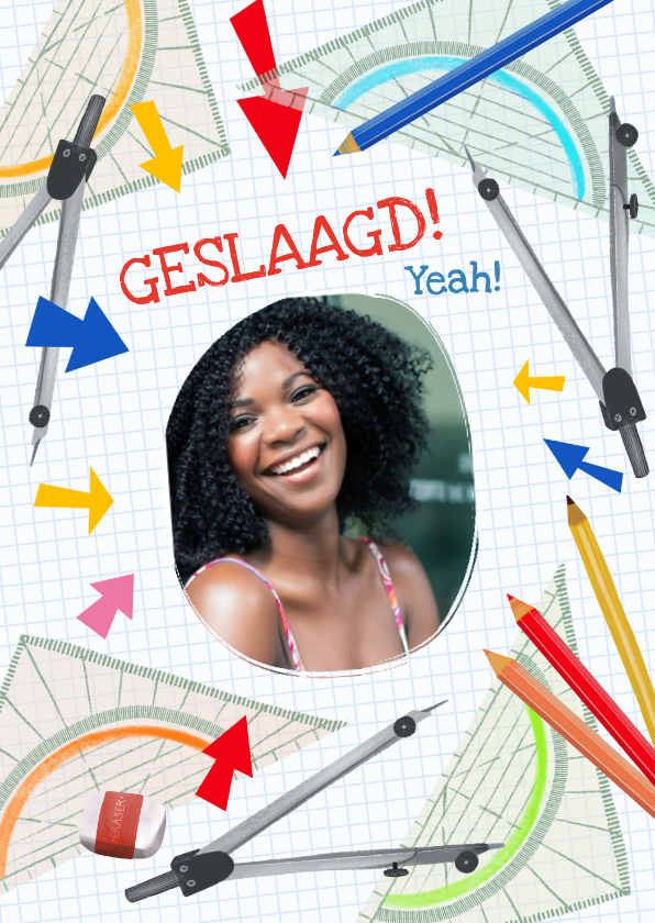 Geslaagd kaarten - Geslaagd-kaart met foto en schoolspullen