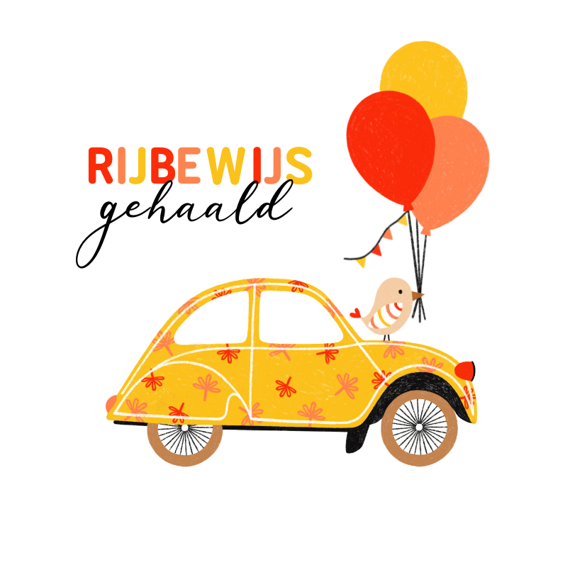 Geslaagd kaarten - Geslaagd kaart rijbewijs oldtimer geel vogel ballonnen