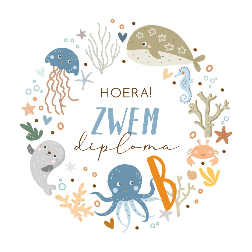 Geslaagd voor zwemdiploma B met zeedieren - Geslaagd kaarten Geslaagd kaarten - Geslaagd voor zwemdiploma B met zeedieren