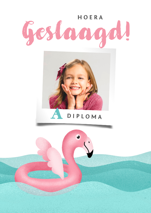 Geslaagd kaarten -  Geslaagd zwemdiploma flamingo felicitatie meisje roze foto