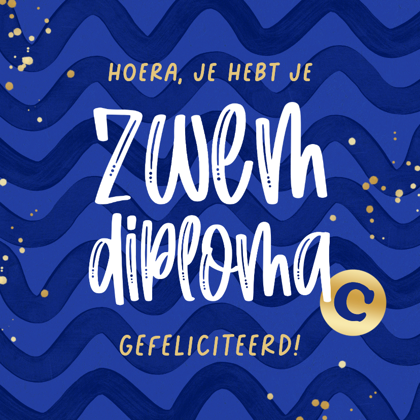 Geslaagd kaarten - Geslaagd zwemdiploma golven water blauw typografisch goud