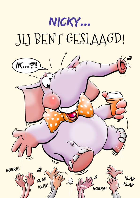 Geslaagd kaarten - Geslaagde olifant met limonade en klappende handen