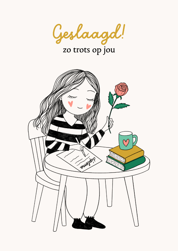Geslaagd kaarten - Geslaagdkaart geïllustreerd meisje met roos en boeken