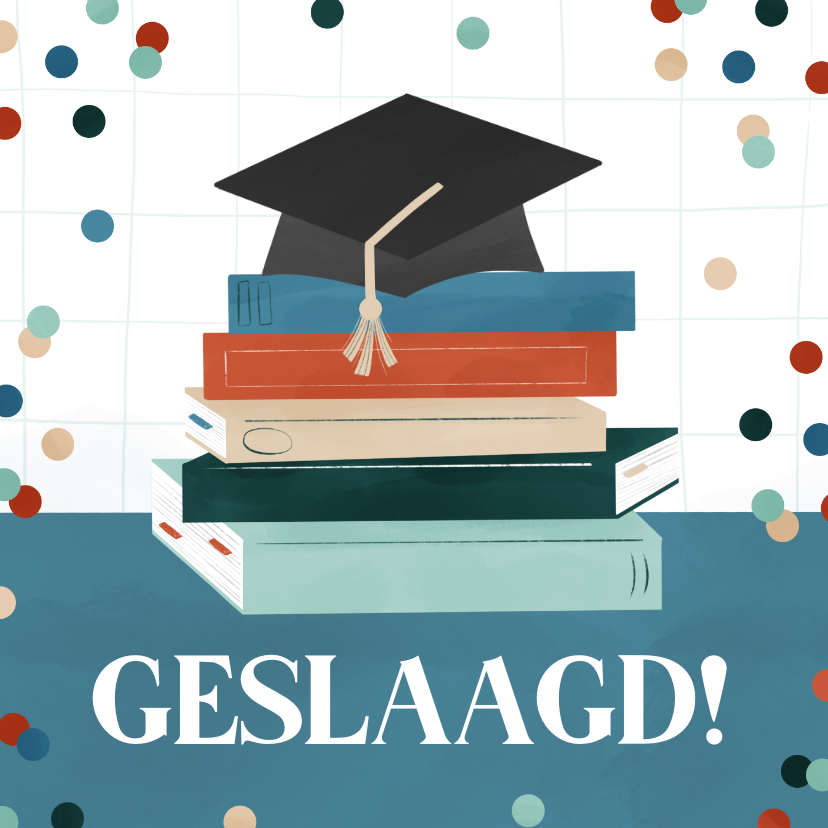 Geslaagd kaarten - Geslaagdkaartje boeken afstudeerhoedje en confetti 