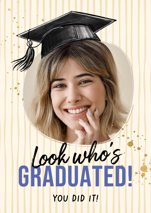 Geslaagd kaarten - Leuke geslaagd fotokaart afstudeerhoedje streeppatroon goud