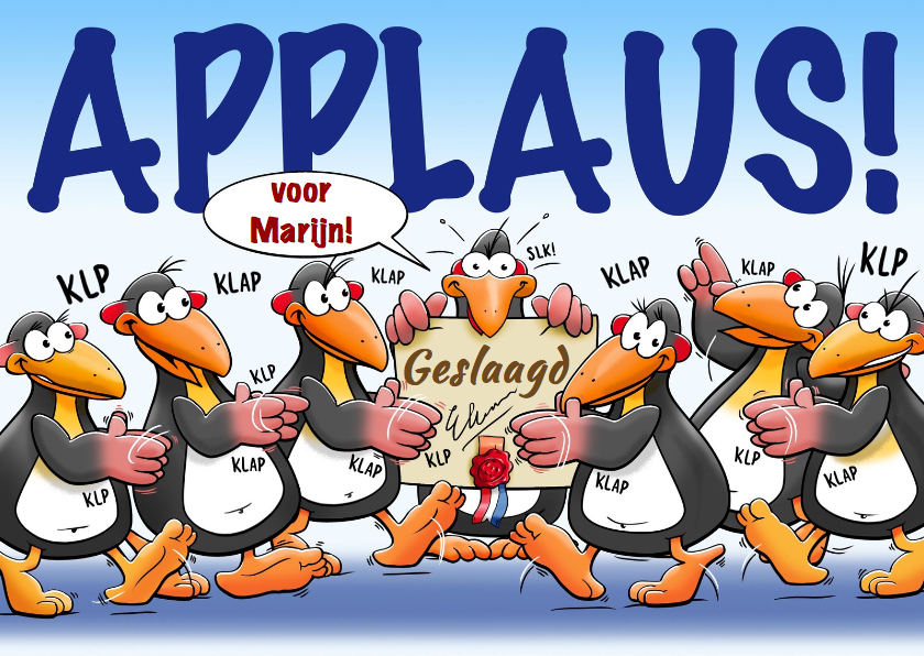 Geslaagd kaarten - Leuke geslaagd kaart met pinguïns en applaus