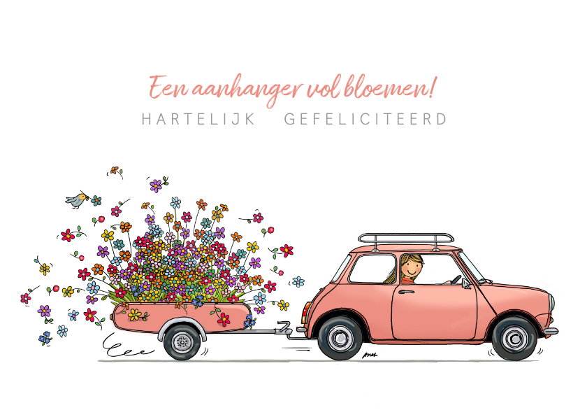 Roze Mini cooper met bloemen - Geslaagd kaarten Geslaagd kaarten - Roze Mini cooper met bloemen