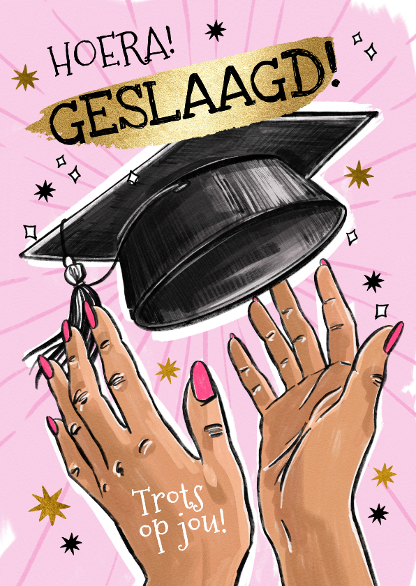 Geslaagd kaarten - Trendy geslaagd kaart examen afstuderen hoedje handen goud