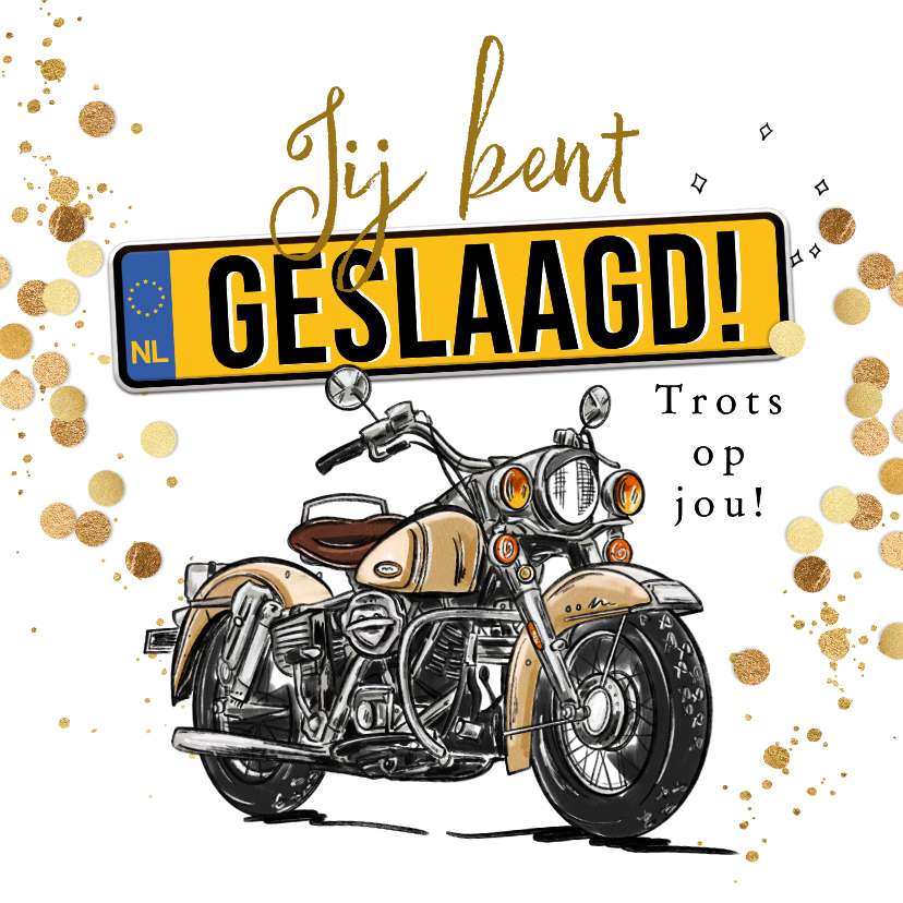 Geslaagd kaarten - Trendy geslaagdkaart motorrijbewijs illustratie confetti