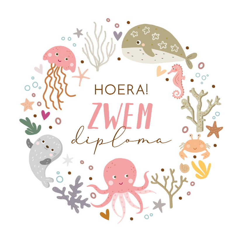 Zwemdiploma voor meisje zeedieren in krans - Geslaagd kaarten Geslaagd kaarten - Zwemdiploma voor meisje zeedieren in krans