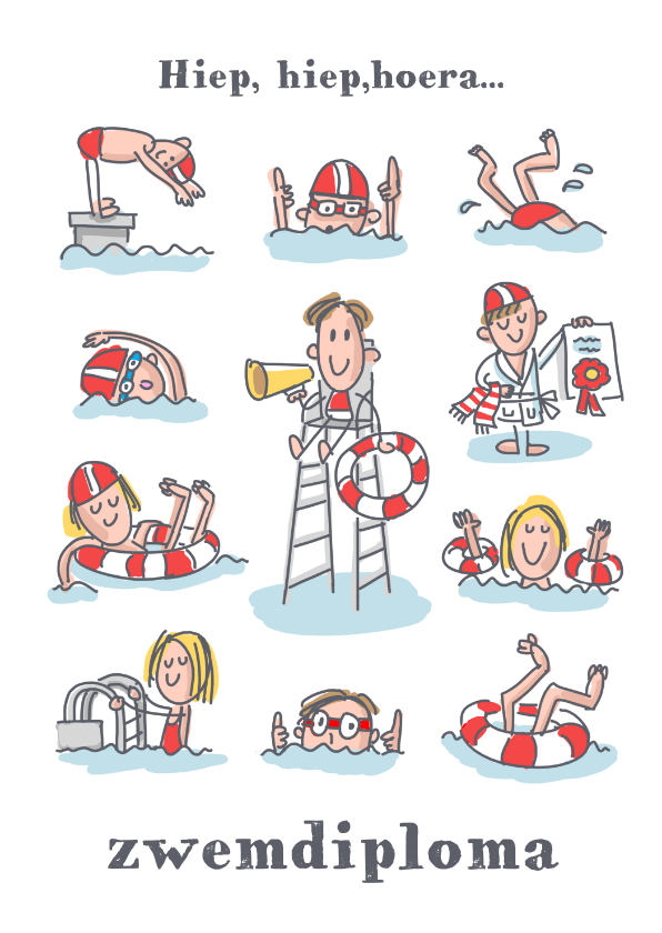 Geslaagd kaarten - Zwemdiplomakaart met 11 figuurtjes in het zwembad