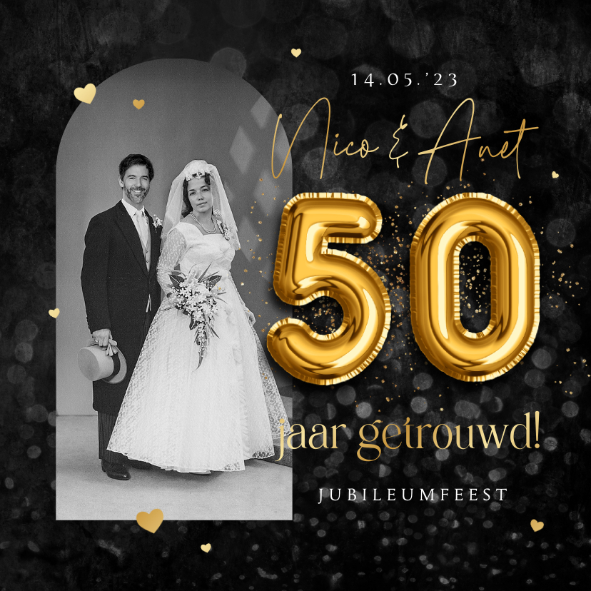 Jubileumkaarten - 50 jaar getrouwd jubileumfeest goud krijtbord hartjes foto
