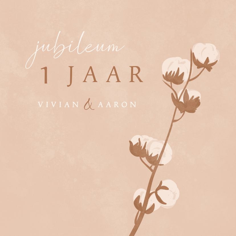 Jubileumkaarten - Beige jubileumkaart met katoen takjes huwelijksjubileum