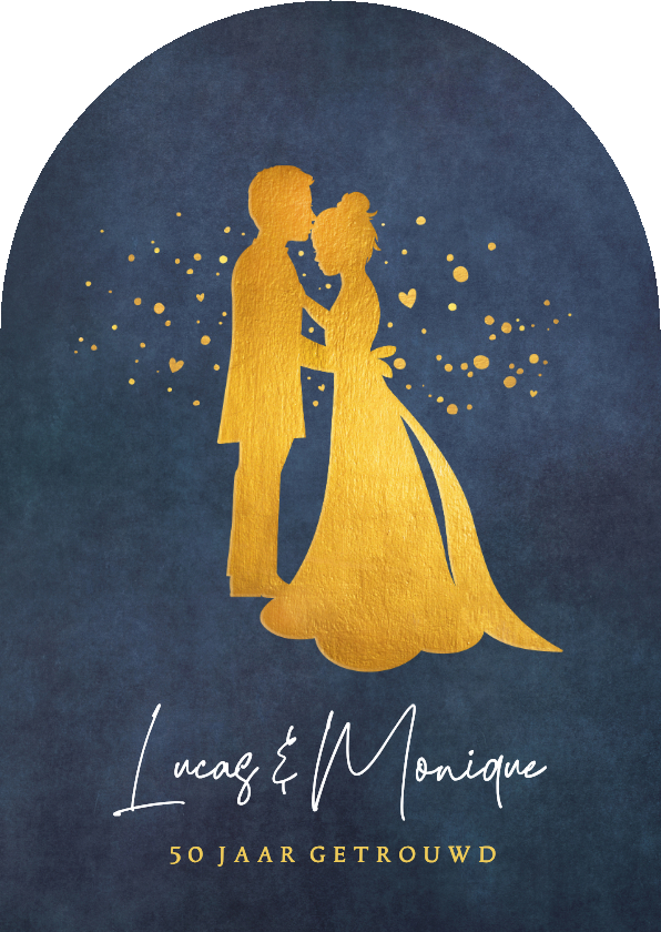 Boogvormige uitnodiging huwelijksjubileum gouden silhouet - Jubileumkaarten Jubileumkaarten - Boogvormige uitnodiging huwelijksjubileum gouden silhouet