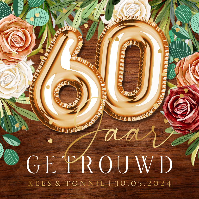 Jubileumkaarten - Feestelijke uitnodiging 60 jaar getrouwd botanisch rozen