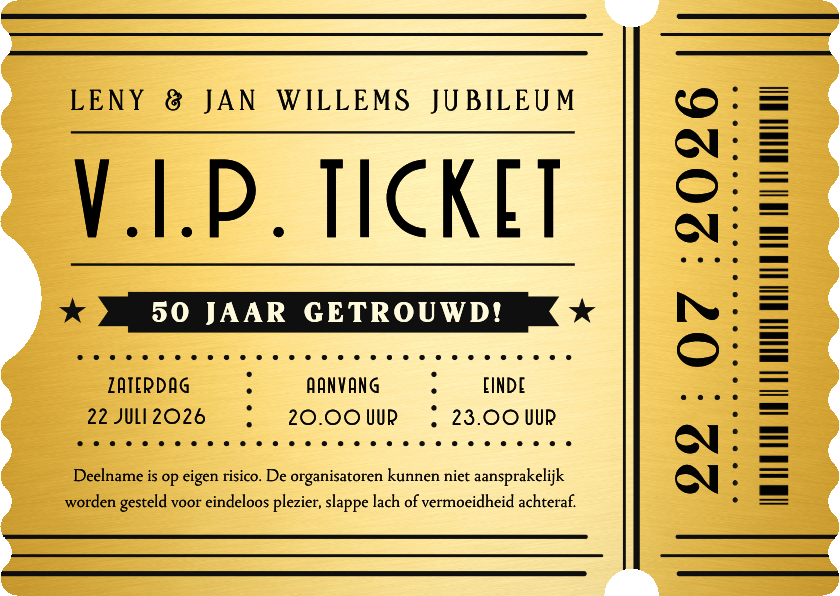Jubileumkaarten - Gouden ticket huwelijksjubileum uitnodiging