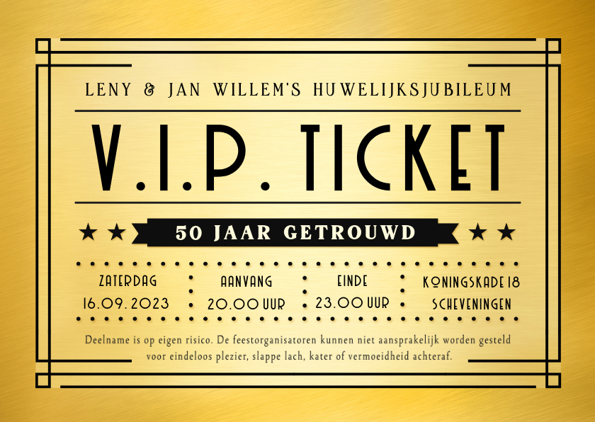 Jubileumkaarten - Grappige gouden V.I.P. ticket uitnodiging huwelijksjubileum