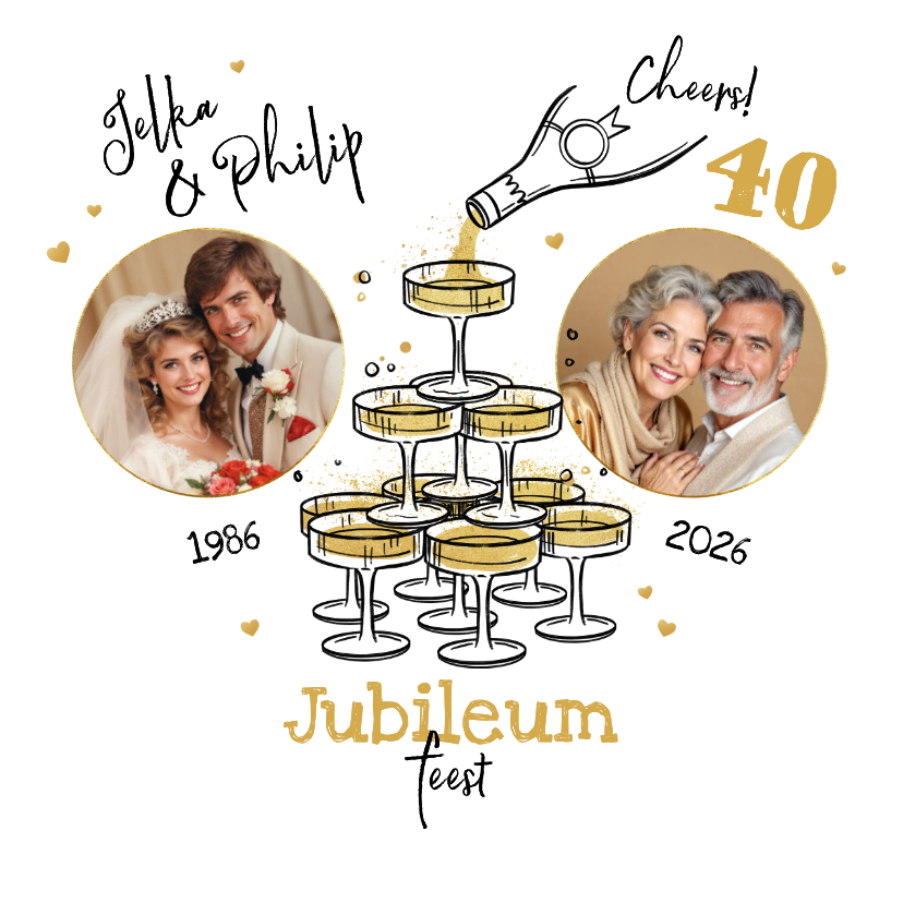 Hartvorm uitnodiging 40-jarig huwelijk champagneglazen toren - Jubileumkaarten Jubileumkaarten - Hartvorm uitnodiging 40-jarig huwelijk champagneglazen toren