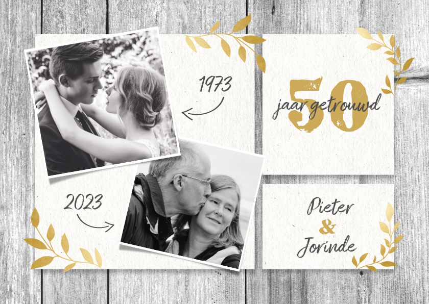 Hippe jubileumkaart 50 jaar met hout, gouden takjes & foto's - Jubileumkaarten Jubileumkaarten - Hippe jubileumkaart 50 jaar met hout, gouden takjes & foto's