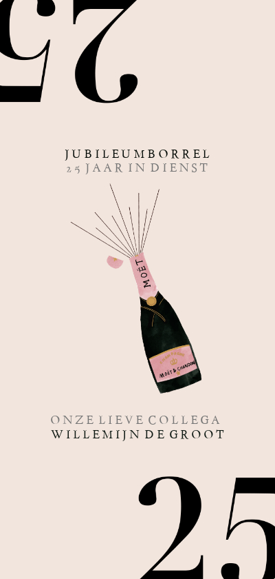 Jubileumkaarten - Hippe jubileumkaart medewerker 25 jaar met champagnefles