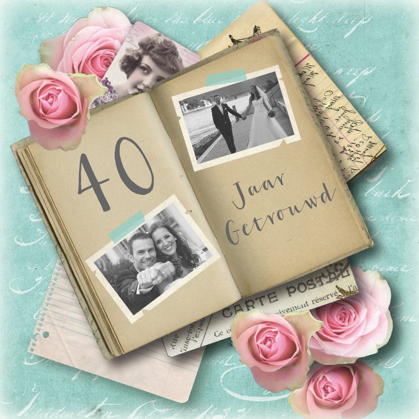 Huwelijksjubileum vintage foto's boekje rozen - Jubileumkaarten Jubileumkaarten - Huwelijksjubileum vintage foto's boekje rozen
