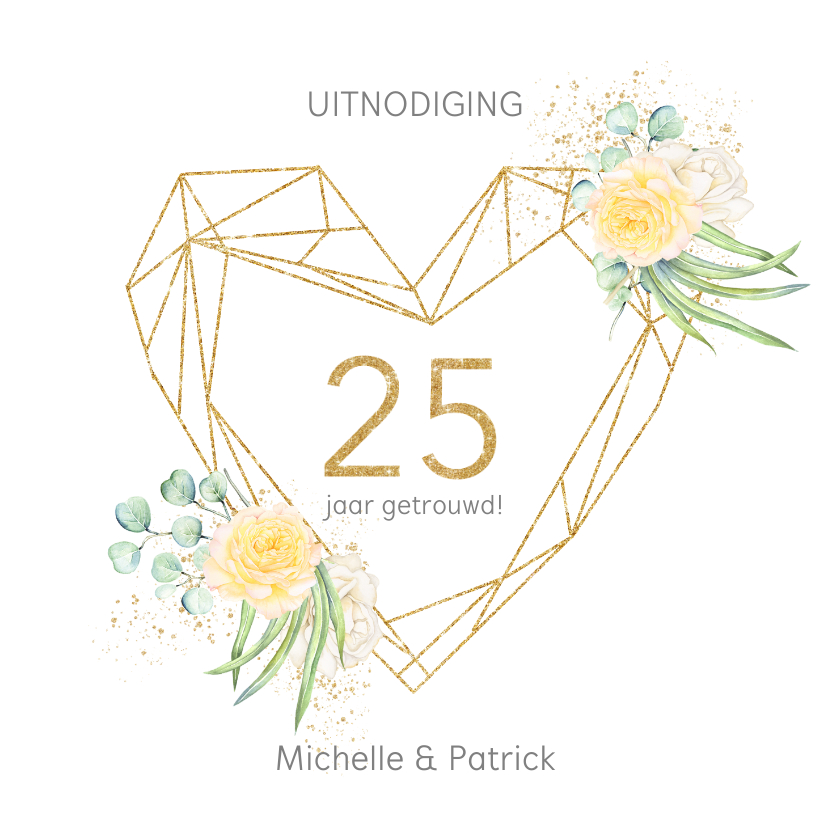 Jubileum 25 jaar rozen gouden hart - Jubileumkaarten Jubileumkaarten - Jubileum 25 jaar rozen gouden hart