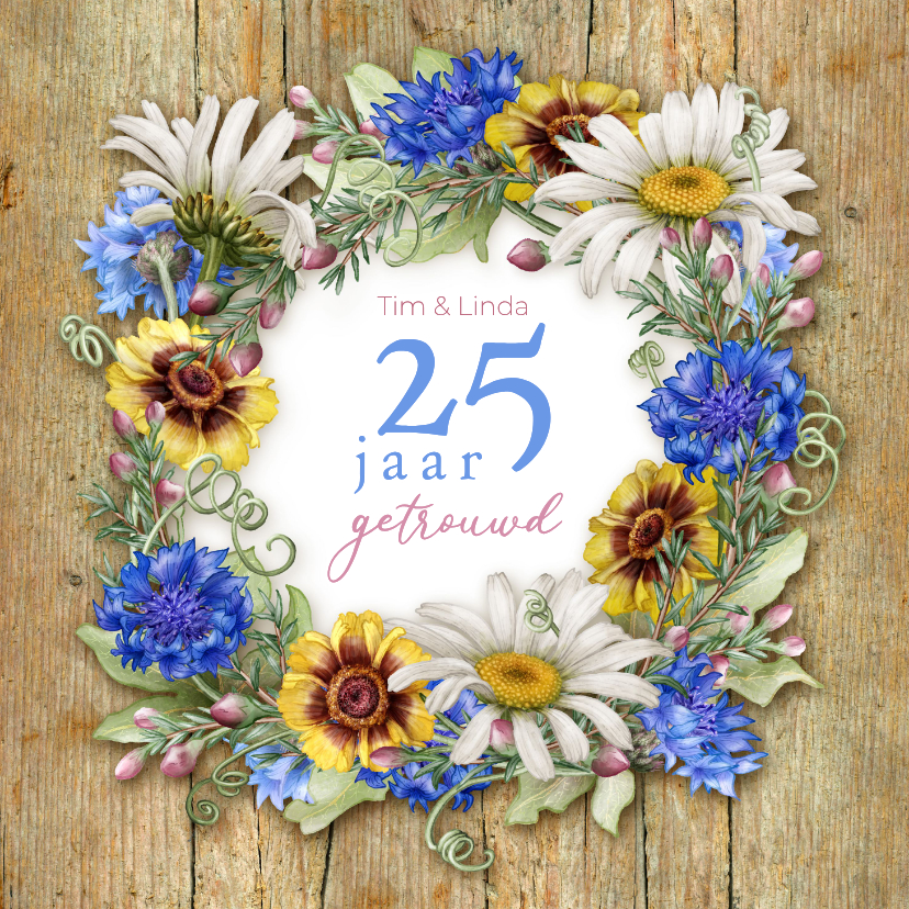 Jubileum bloemenkransophout aanpasbaar jaartal - Jubileumkaarten Jubileumkaarten - Jubileum bloemenkransophout aanpasbaar jaartal