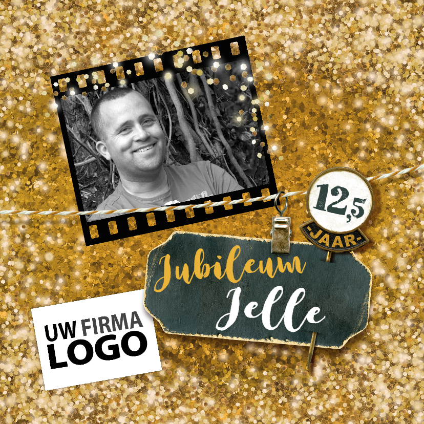 Jubileum medewerker glitter goud vierkant met logo - Jubileumkaarten Jubileumkaarten - Jubileum medewerker glitter goud vierkant met logo