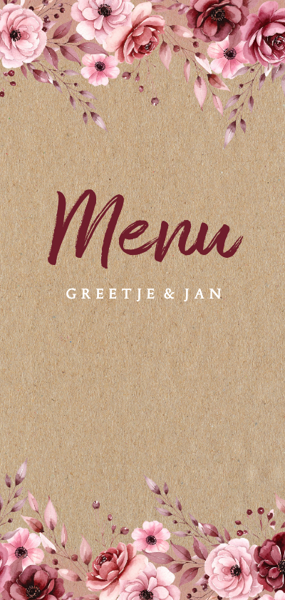 Jubileumkaarten - Jubileum menukaart mat aquarel bloemen kraft