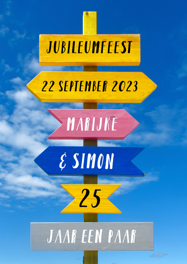 Jubileum trendy wegwijzer kleur - Jubileumkaarten Jubileumkaarten - Jubileum trendy wegwijzer kleur