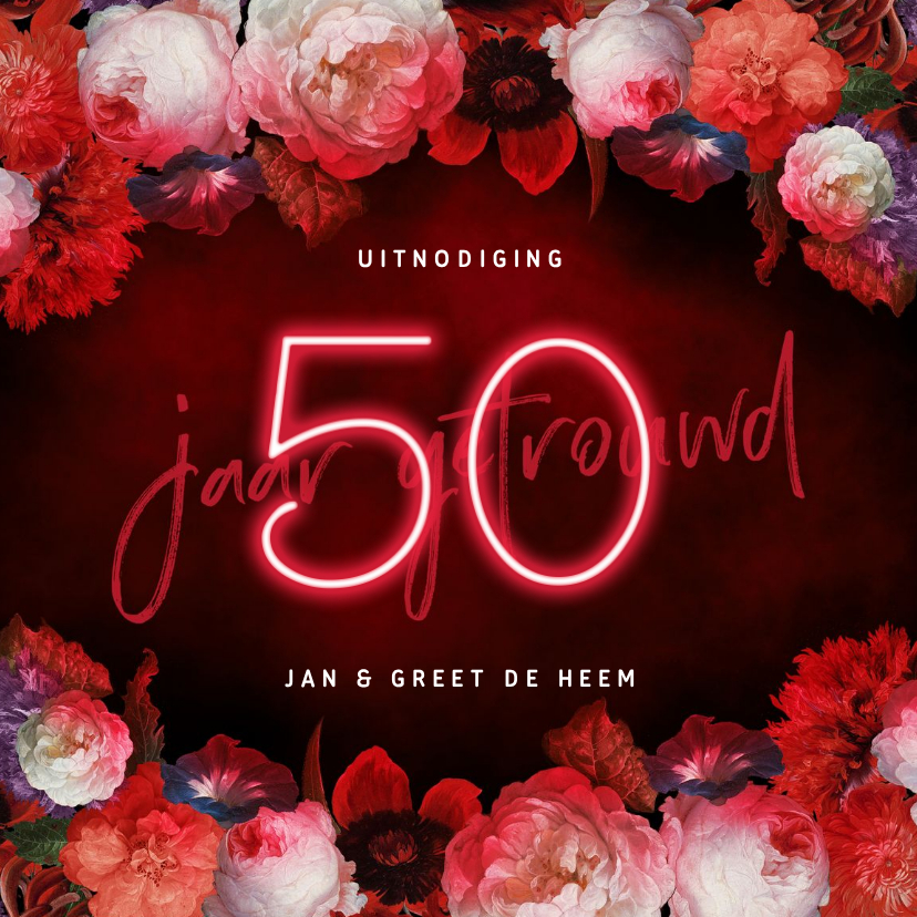 Jubileum uitnodiging 50 jaar bloemen en neon - Jubileumkaarten Jubileumkaarten - Jubileum uitnodiging 50 jaar bloemen en neon