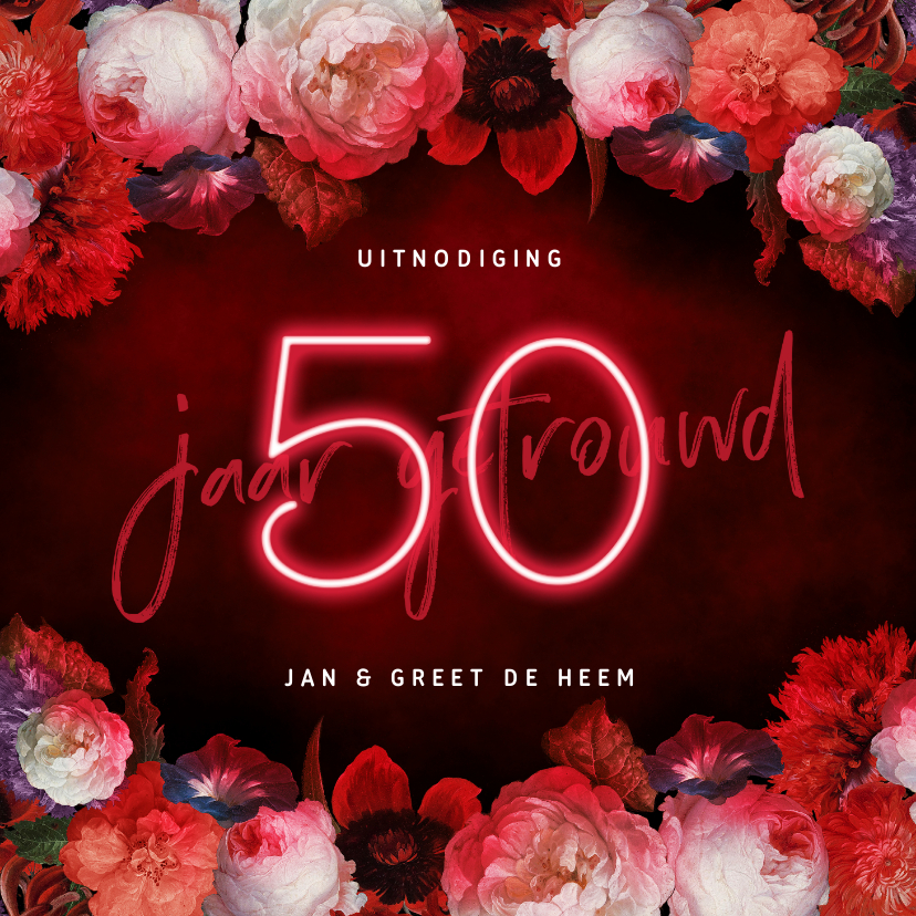 Jubileumkaarten - Jubileum uitnodiging 50 jaar bloemen en neon