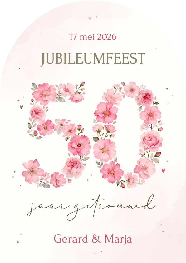 Jubileumkaarten - Jubileum uitnodiging 50 jaar getrouwd roze bloemen boogvorm