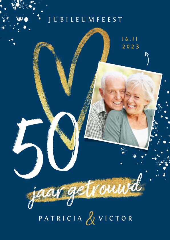 Jubileumkaarten - Jubileum uitnodiging 50 jaar goud hart foto's spetters