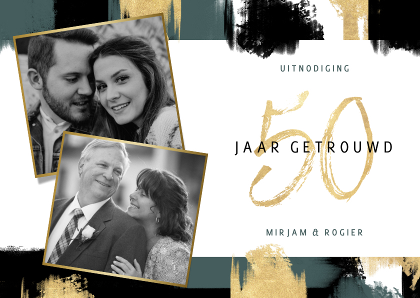 Jubileum uitnodiging '50 jaar' met verfstrepen en foto's - Jubileumkaarten Jubileumkaarten - Jubileum uitnodiging '50 jaar' met verfstrepen en foto's