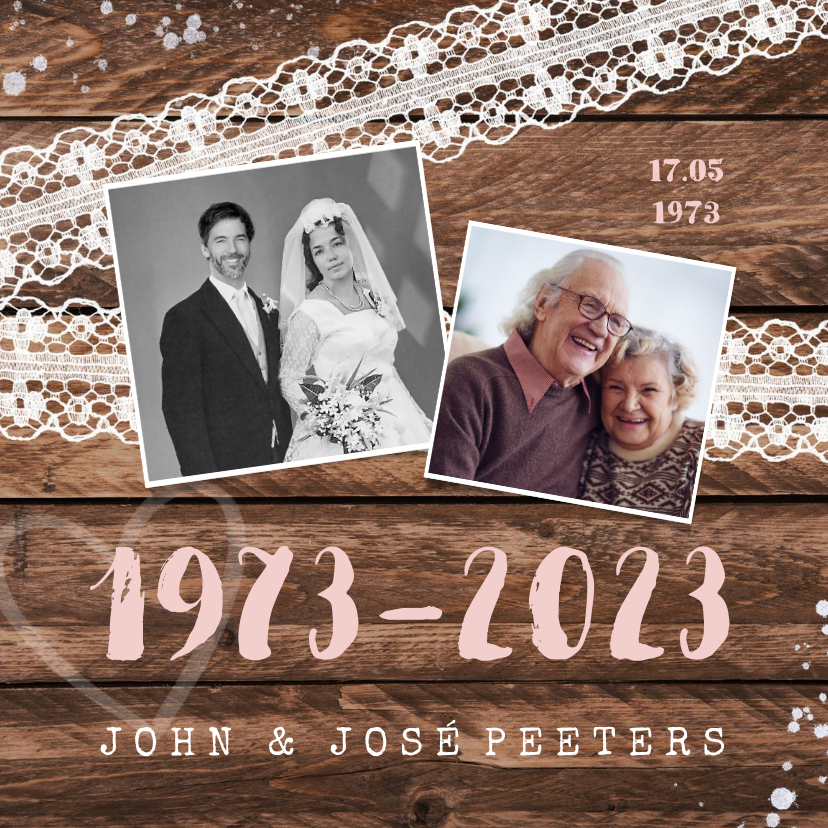 Jubileum uitnodiging hip hout vintage kant met foto's - Jubileumkaarten Jubileumkaarten - Jubileum uitnodiging hip hout vintage kant met foto's