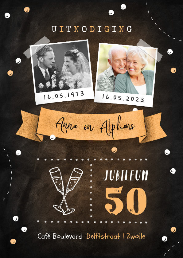 Jubileum uitnodiging krijtbord confetti foto's champagne - Jubileumkaarten Jubileumkaarten - Jubileum uitnodiging krijtbord confetti foto's champagne