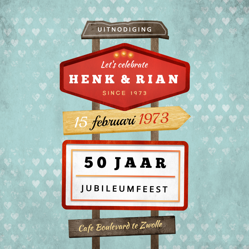 Jubileum uitnodiging retro vintage wegwijzers met hartjes - Jubileumkaarten Jubileumkaarten - Jubileum uitnodiging retro vintage wegwijzers met hartjes