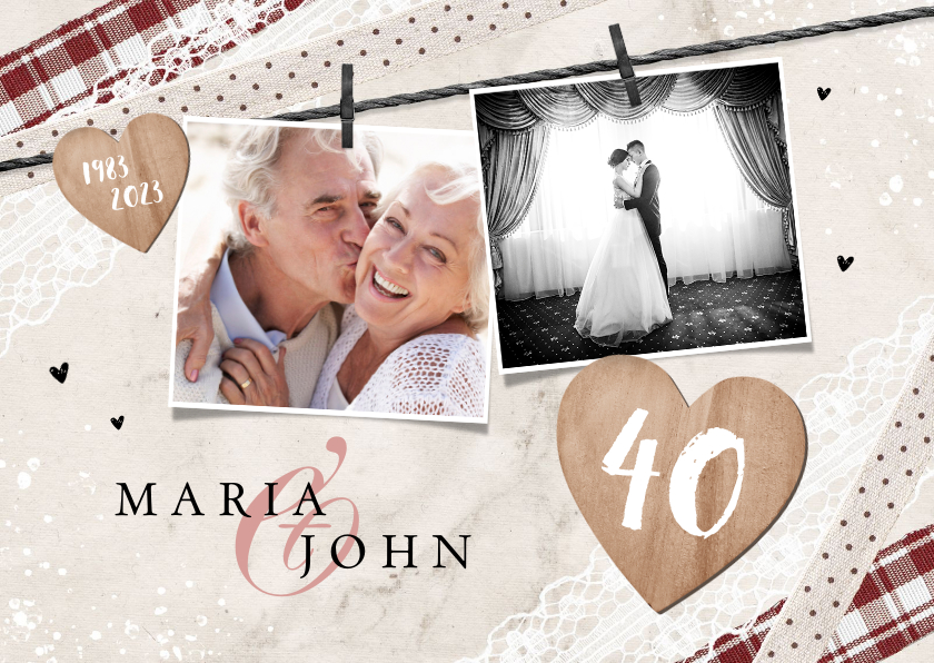 Jubileum uitnodiging vintage kant foto's hout liefde - Jubileumkaarten Jubileumkaarten - Jubileum uitnodiging vintage kant foto's hout liefde