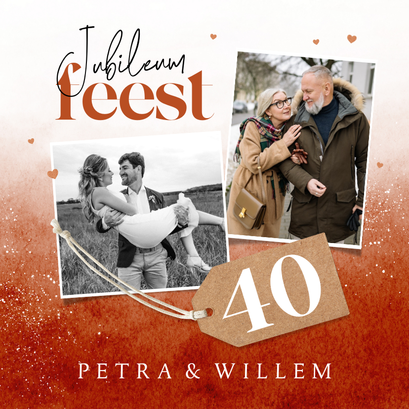 Jubileumkaarten - Jubileumfeest 40 jaar robijn waterverf foto's label hartjes 
