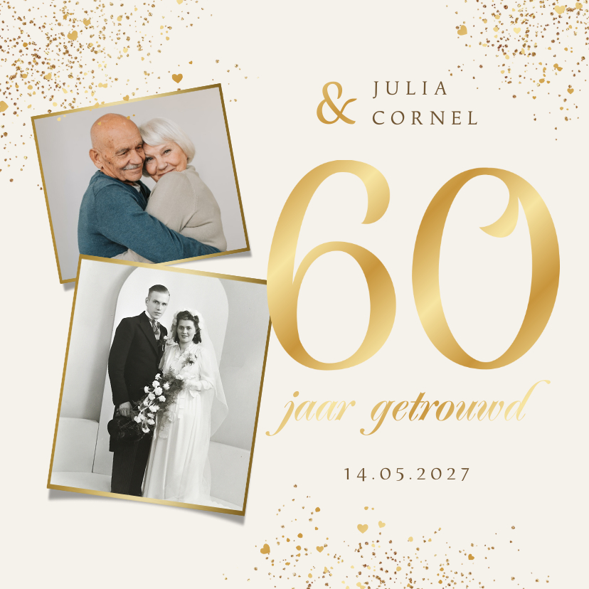 Jubileumkaarten - Jubileumfeest 60 jaar getrouwd goud diamant foto hartjes
