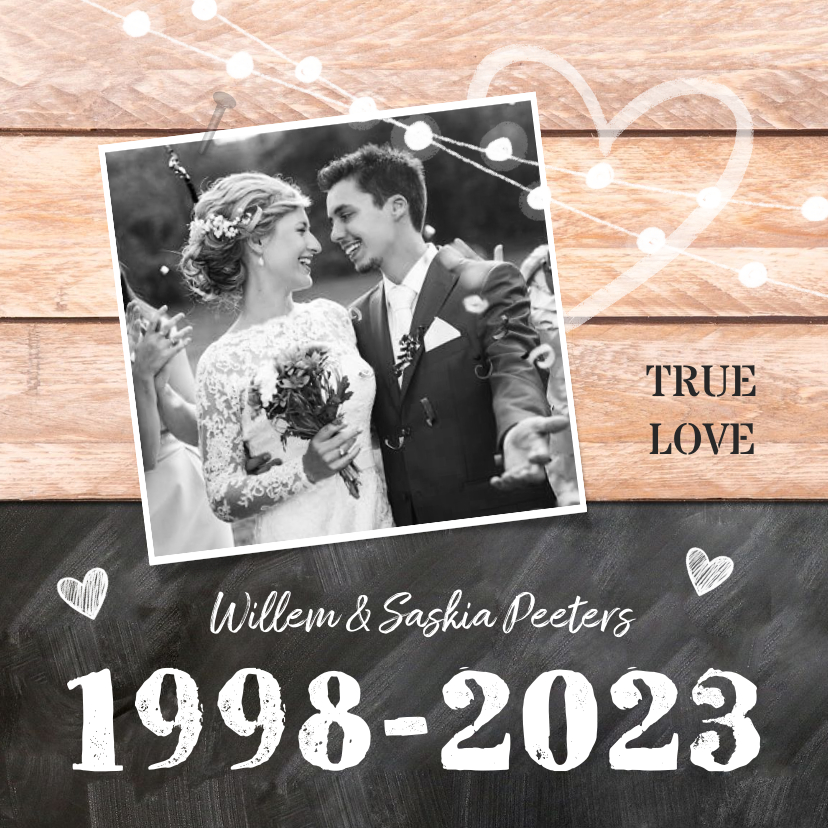 Jubileumkaarten - Jubileumfeest huwelijk hout krijtbord lampjes foto jaartal