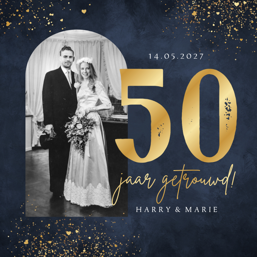 Jubileumkaarten - Jubileumfeest uitnodiging goud 50 jaar getrouwd foto hartjes