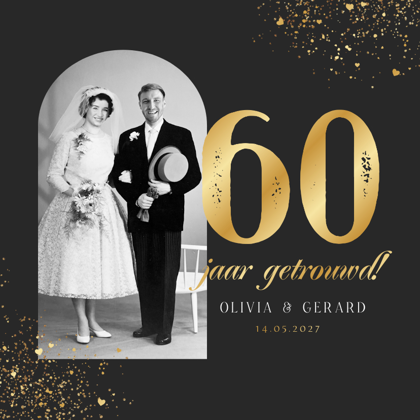 Jubileumkaarten - Jubileumfeest uitnodiging goud 60 jaar getrouwd foto hartjes