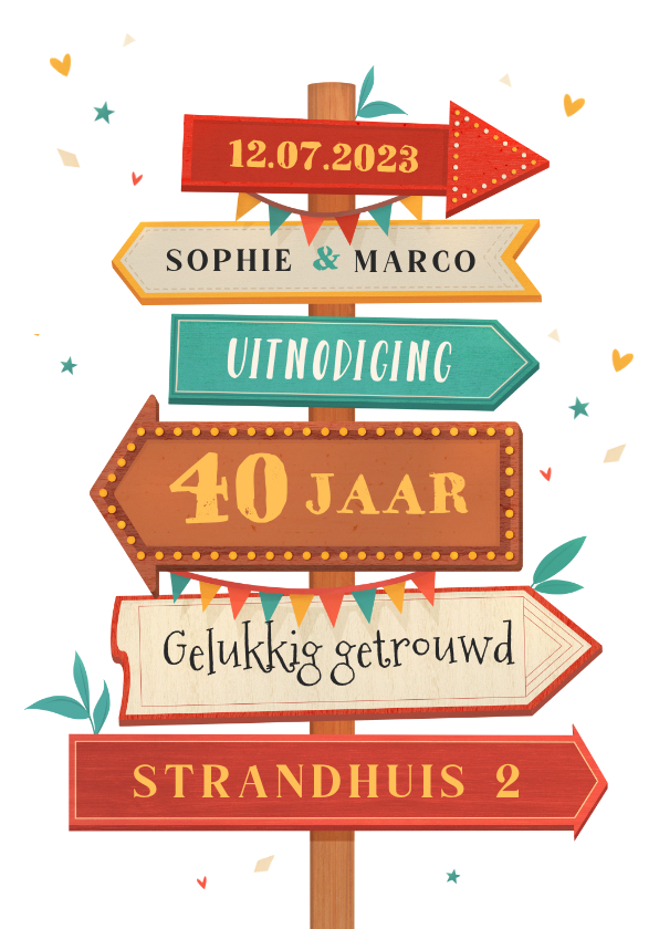 Jubileumkaarten - Jubileumfeest wegwijzers hout slingers 40 jaar