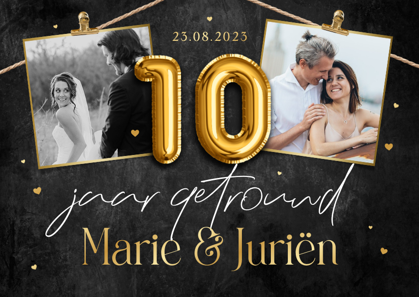 Jubileumkaarten - Jubileumkaart 10 jaar getrouwd krijtbord hartjes ballonnen