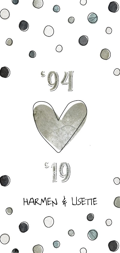 Jubileumkaart 25 jaar met jaartallen, hart en confetti - Jubileumkaarten Jubileumkaarten - Jubileumkaart 25 jaar met jaartallen, hart en confetti